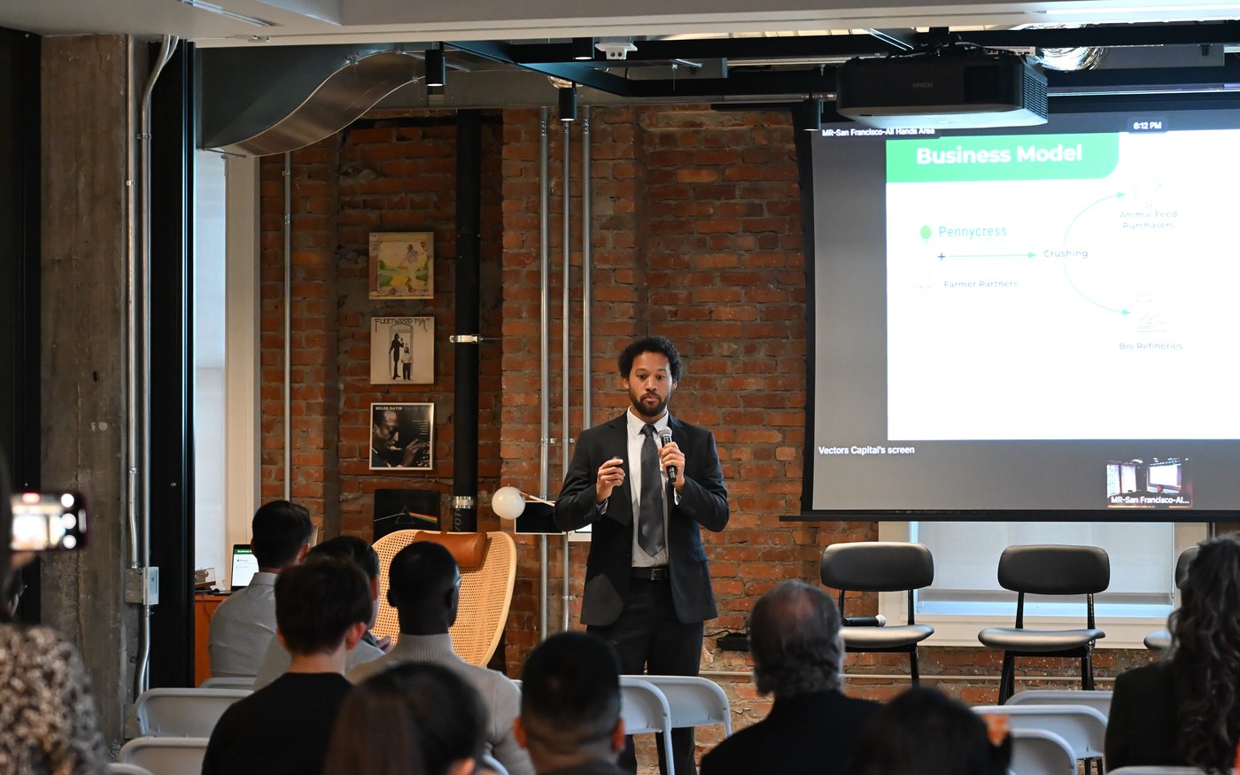 A founder pitching to the room during the Net Zero — AI Accelerator, San Francisco 2025